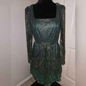 City Triangles Metallic Green Long Sleeve Dress